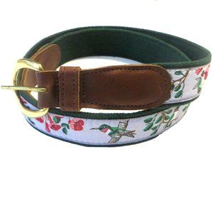 Embroidered Hummingbird Floral Canvas Belt in Green and Brown